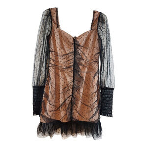 ACOA sz small dress nude black sheer bishop sleeves polka dot mini sweetheart